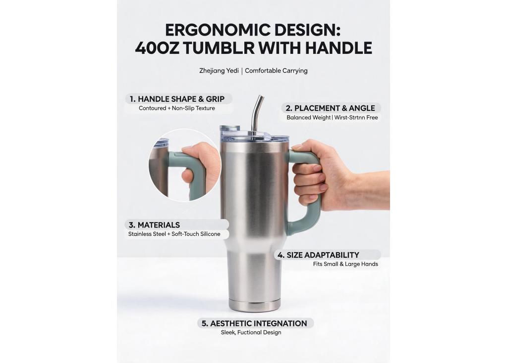 For a 40oz tumbler with a handle, what are the ergonomic design considerations for comfortable carrying?