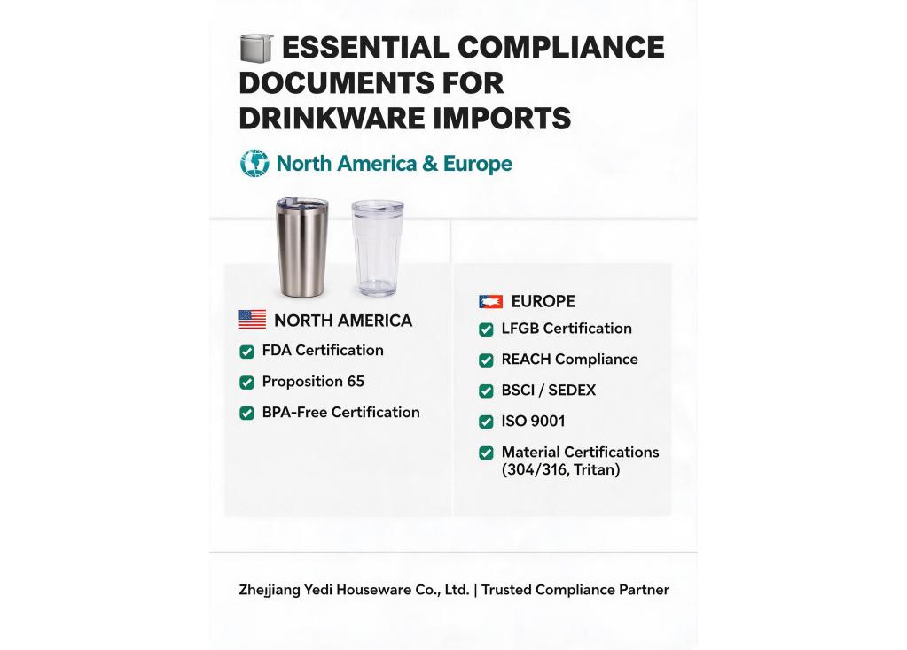 What are the common compliance documents provided by a factory for importing drinkware into North America or Europe?