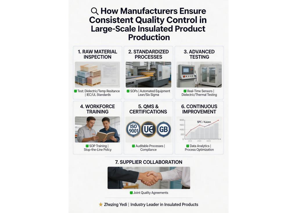 How do manufacturers ensure consistent quality control during large-scale production of insulated products?