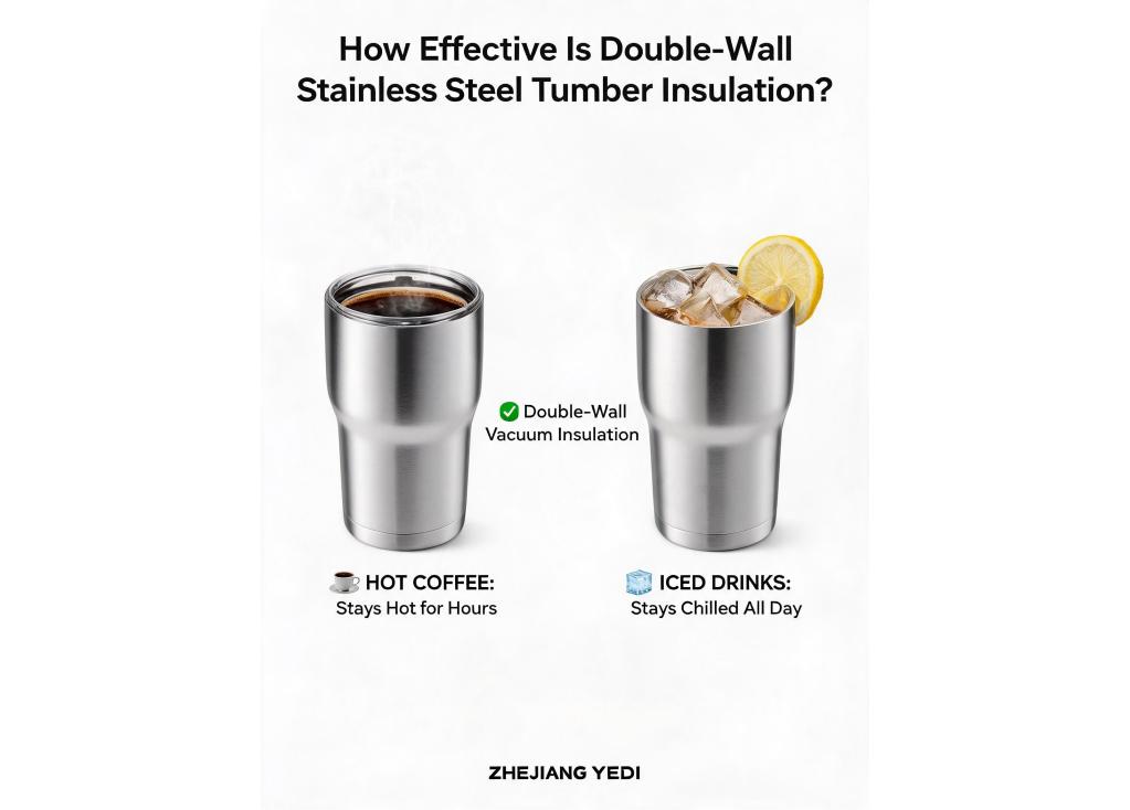 How effective is the insulation of a double-wall stainless steel tumbler for both hot coffee and iced drinks?