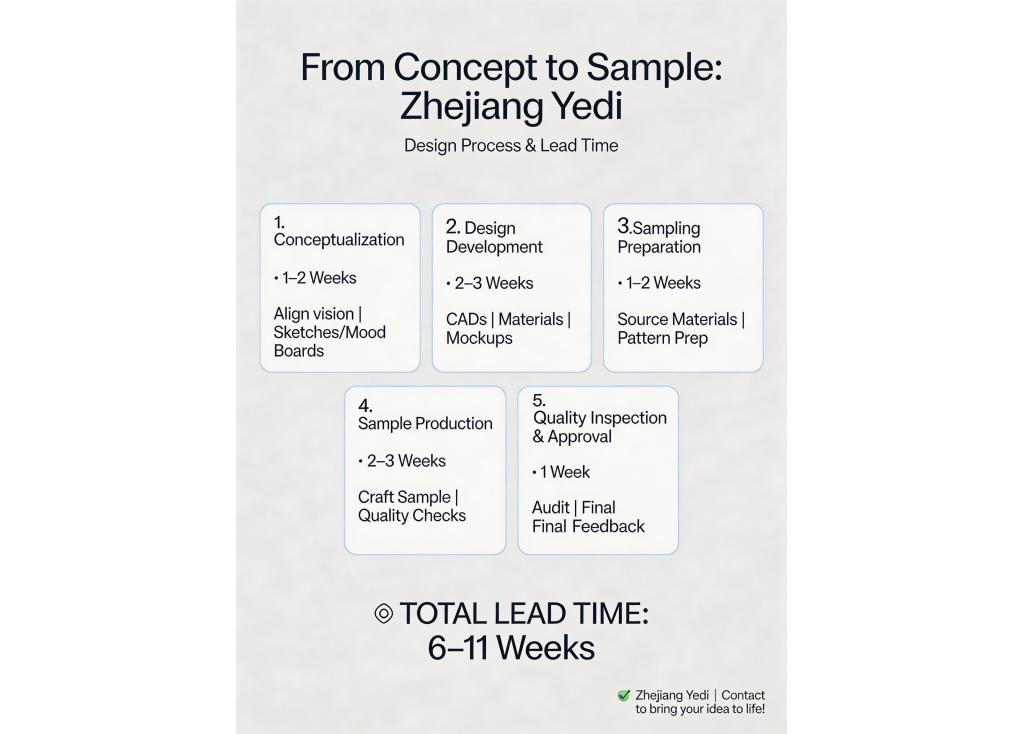 What is the process and lead time for creating a completely new design from concept to sample?