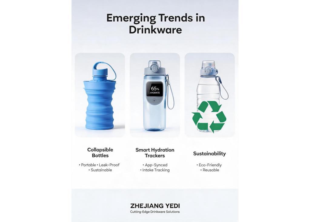 Are there emerging trends in drinkware, such as collapsible bottles or smart hydration trackers?