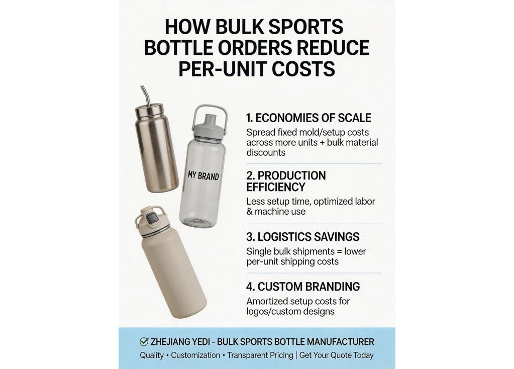How can ordering in larger volumes reduce the overall cost per unit for sports bottles?