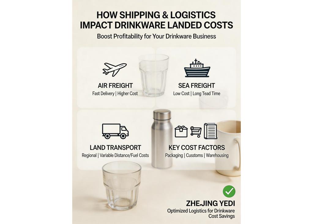 How do shipping methods and logistics impact the final landed cost of drinkware?