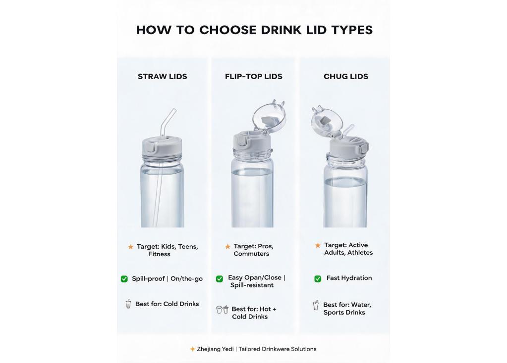 How to choose between different lid types (straw, flip-top, chug) for target demographics?