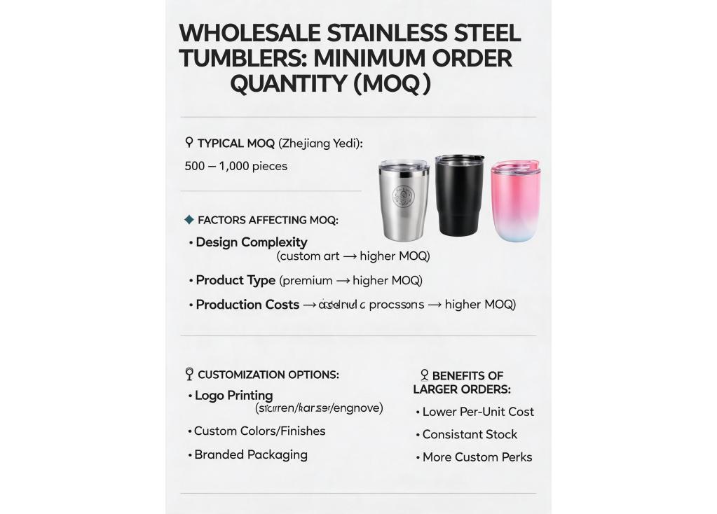 What is the typical Minimum Order Quantity (MOQ) for wholesale stainless steel tumblers and custom drinkware?