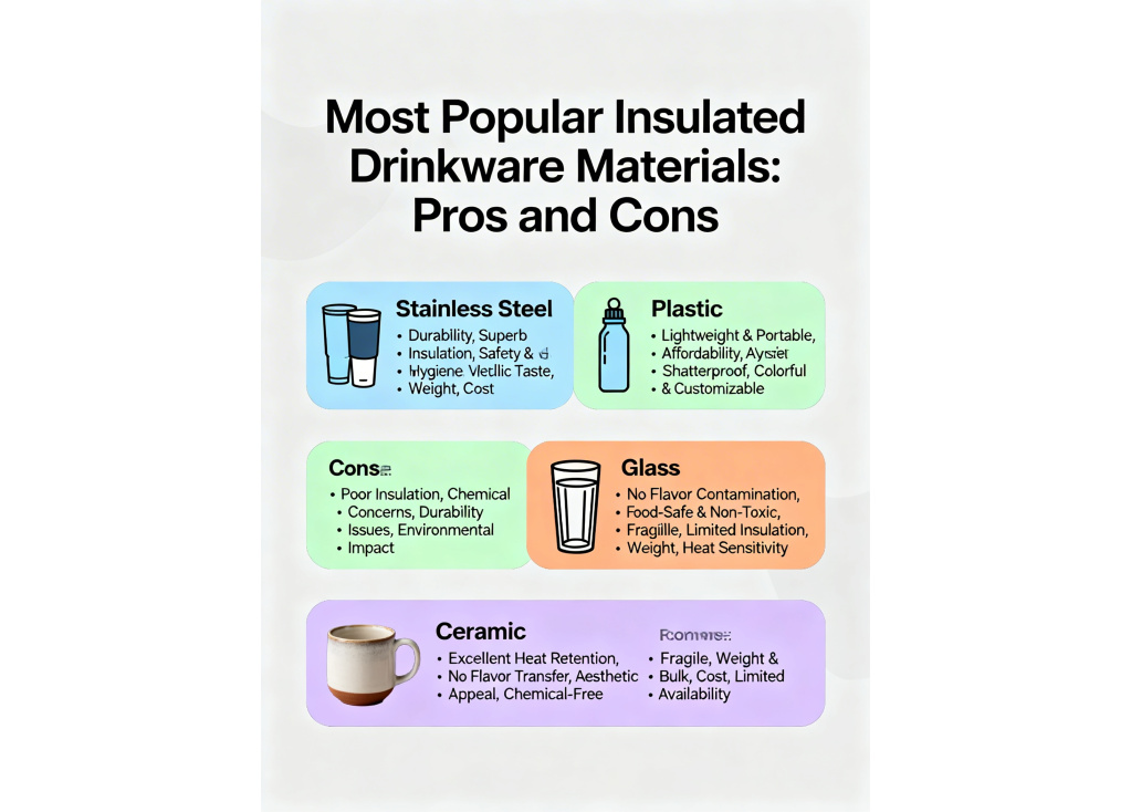 What are the most popular materials for insulated drinkware and their respective pros and cons?