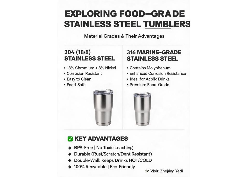 What are the common material grades (e.g., 304, 18/8) used in food-grade stainless steel tumblers, and what are their advantages?