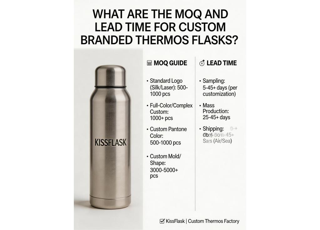 What are the MOQ and lead time for custom branded thermos flasks from factories?