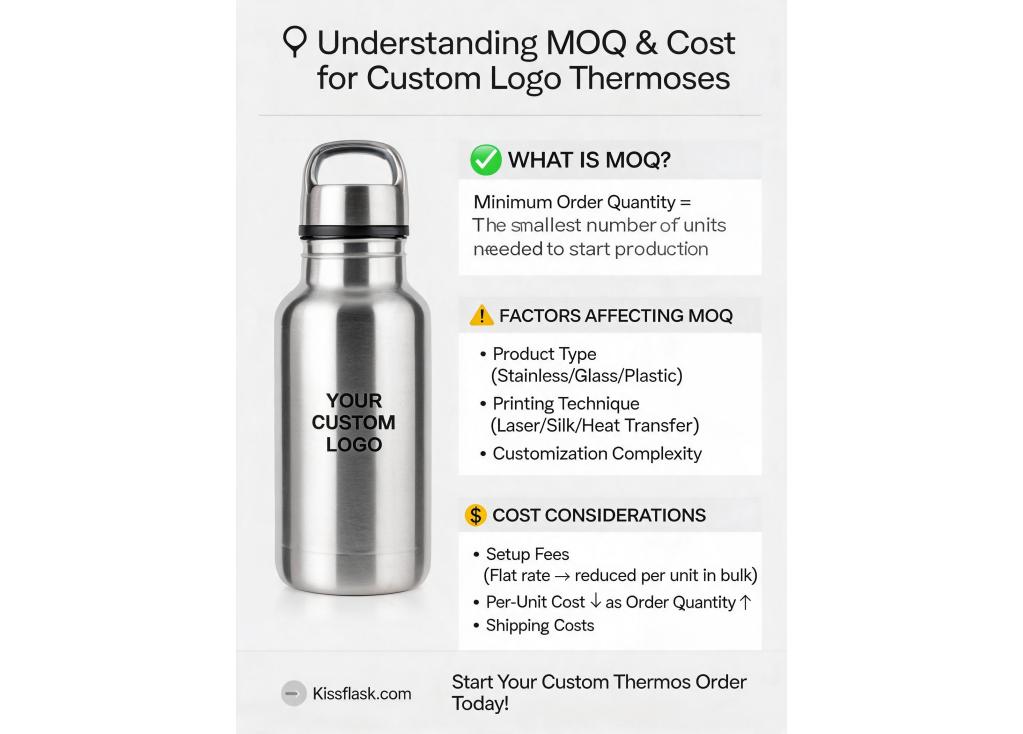 What are the MOQ and cost considerations for custom logo printing on promotional thermoses?