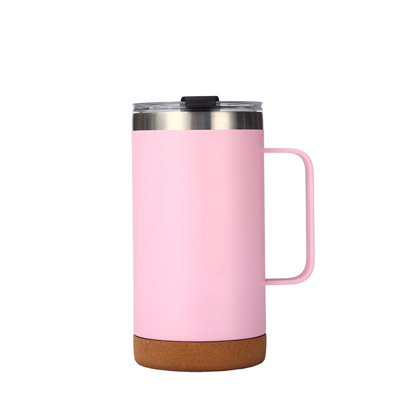 Double Wall Stainless Steel Tumbler 12/20oz Cork Bottom with Handle Lid