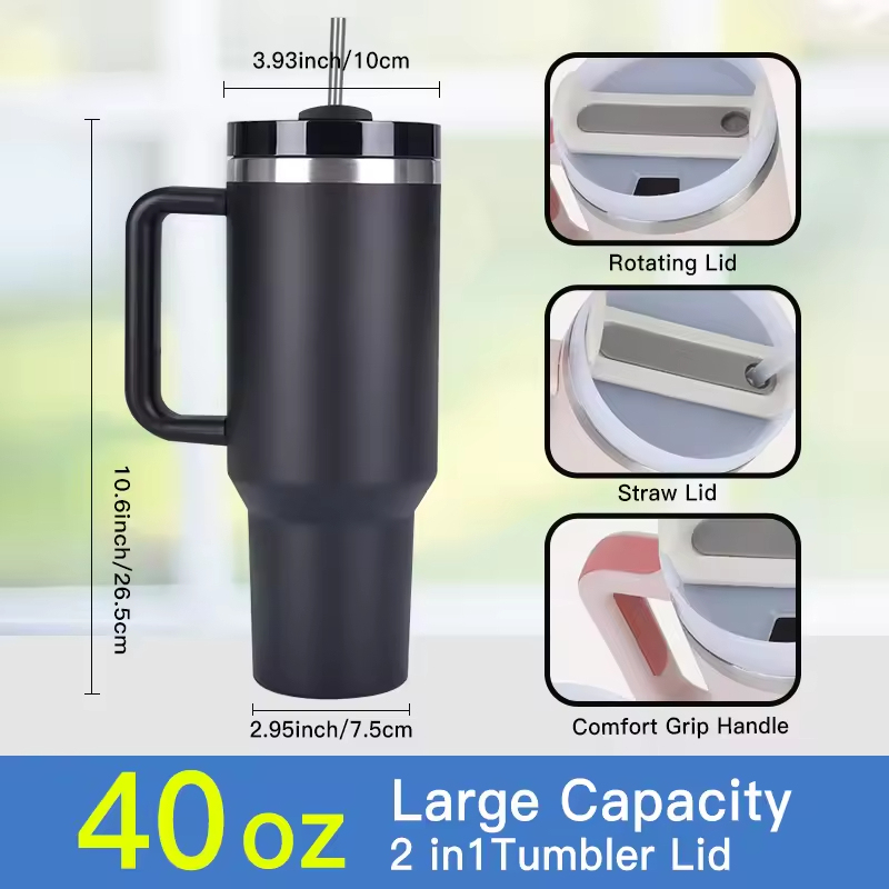 Custom 40oz Stainless Steel Tumbler with Handle & Straw