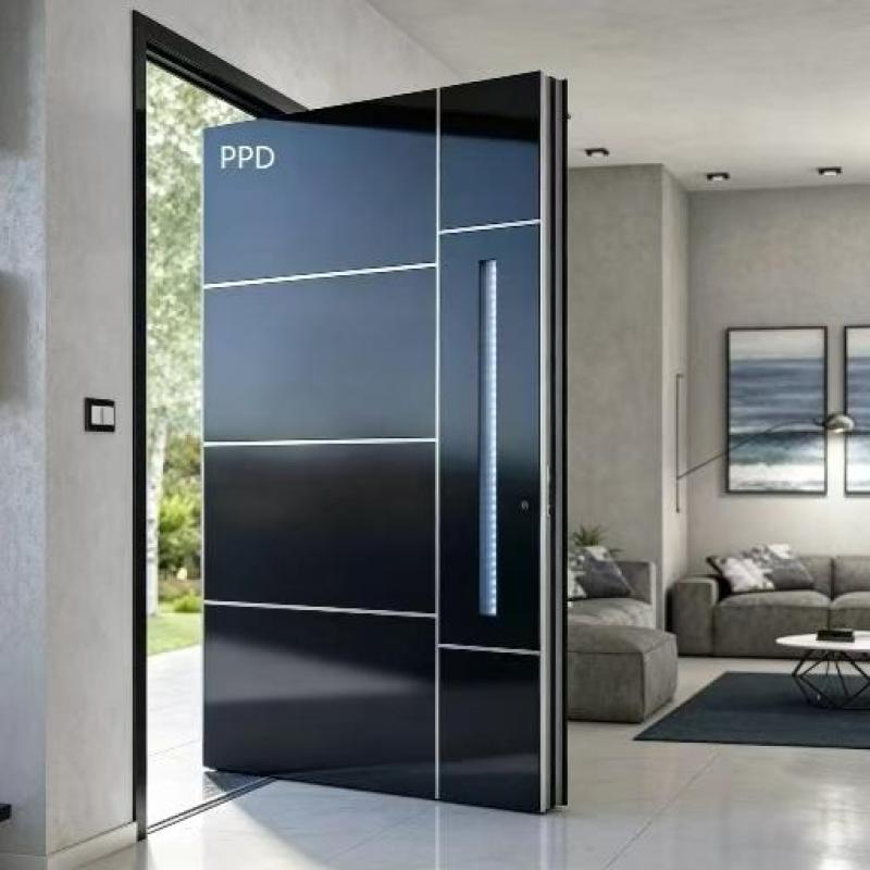 Sleek Black Pivot Security Front Door Modern Heavy Duty Steel Entry Door for High End Villa Residential Building