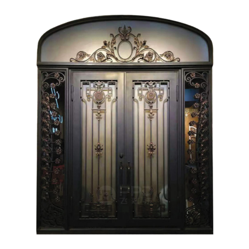 modern wrought iron glass panels black metal steel grill design framed double swing french entry door
