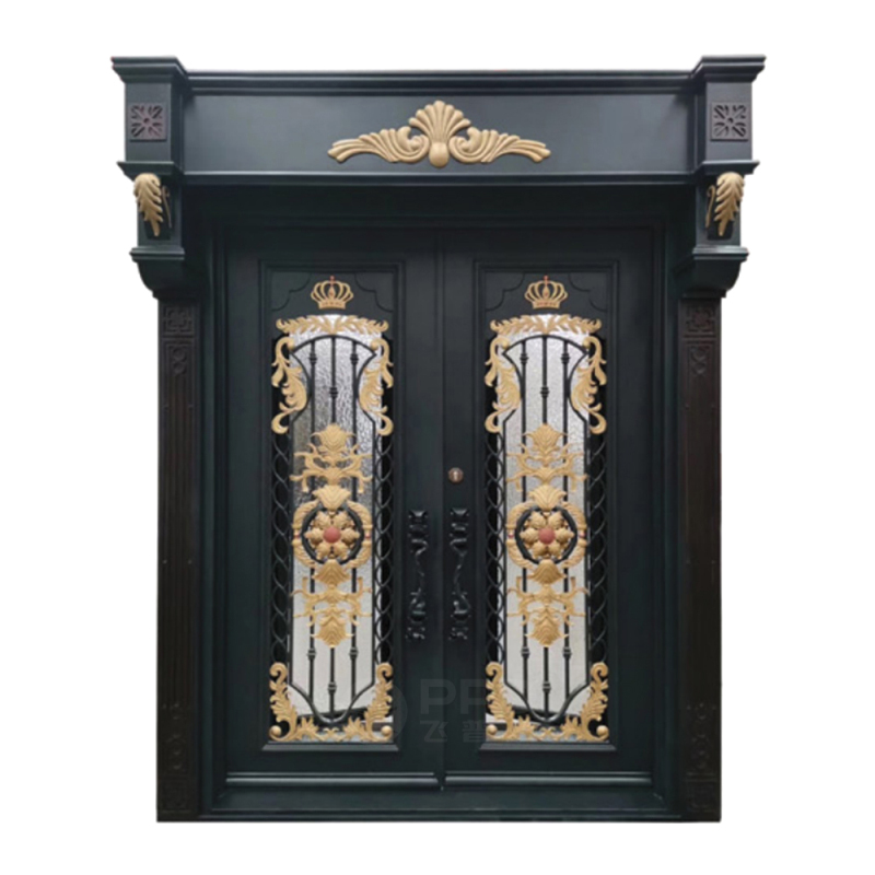 modern wrought iron glass panels black metal steel grill design framed double swing french entry door