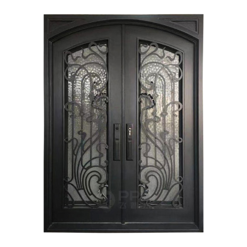 modern wrought iron glass panels black metal steel grill design framed double swing french entry door