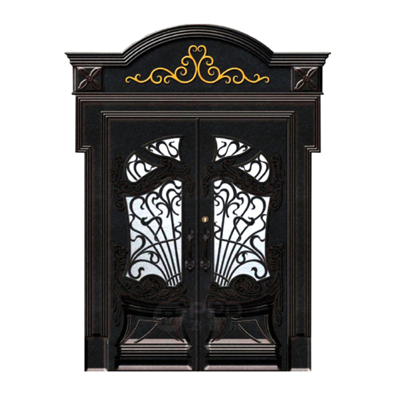 modern wrought iron glass panels black metal steel grill design framed double swing french entry door