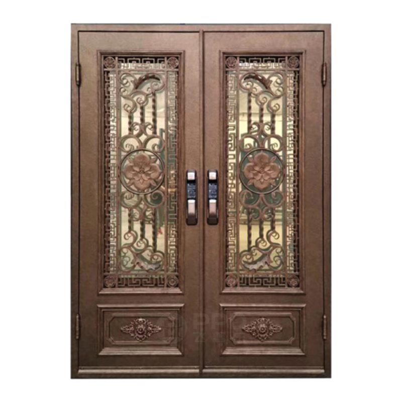 modern wrought iron glass panels black metal steel grill design framed double swing french entry door