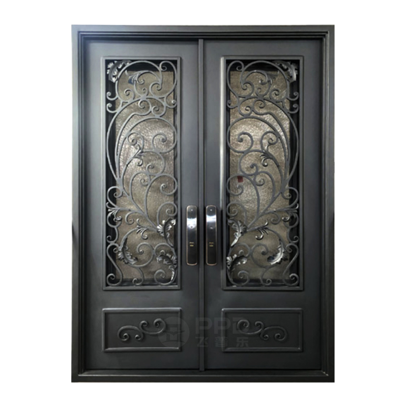 Most Popular Design Wrought Iron Doors with Double Glass Luxury Design Exterior Doors Security Doors
