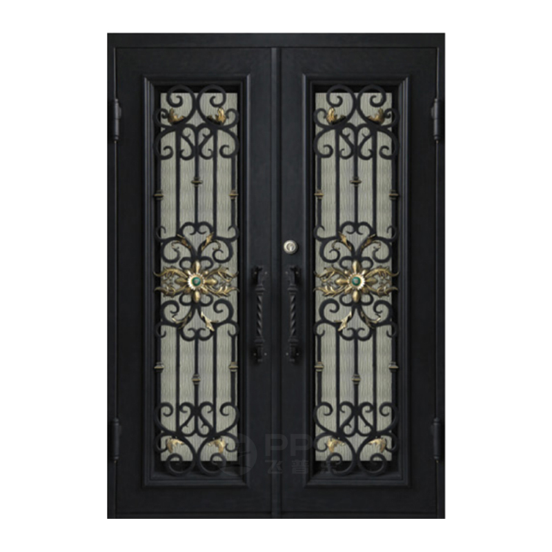 Most Popular Design Wrought Iron Doors with Double Glass Luxury Design Exterior Doors Security Doors