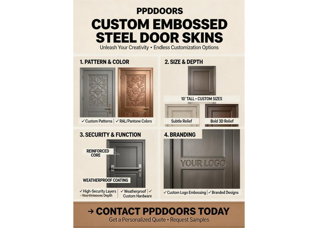 What customization options are available for embossed steel door skin designs?