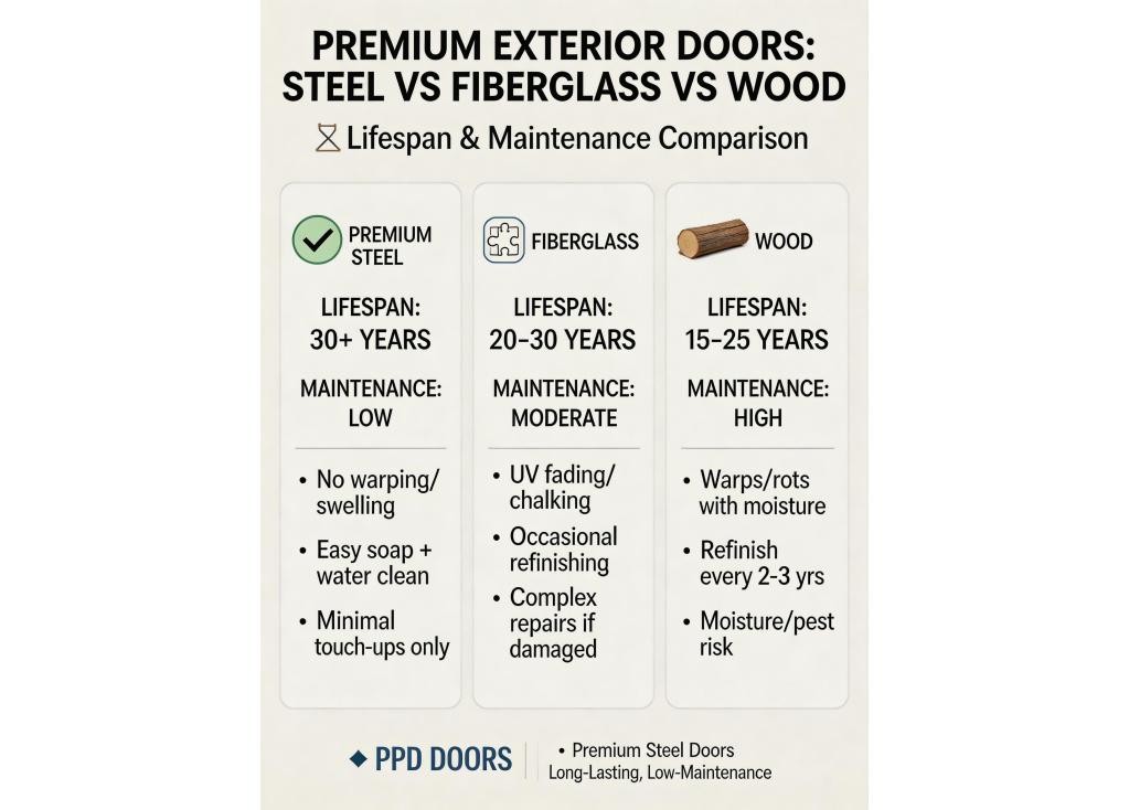 How do premium exterior steel doors compare to fiberglass or wood doors in terms of lifespan and maintenance?