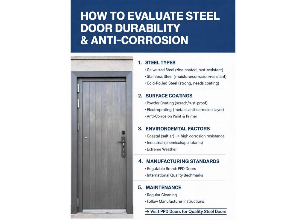 How do I evaluate the durability and anti-corrosion performance of different steel door materials?