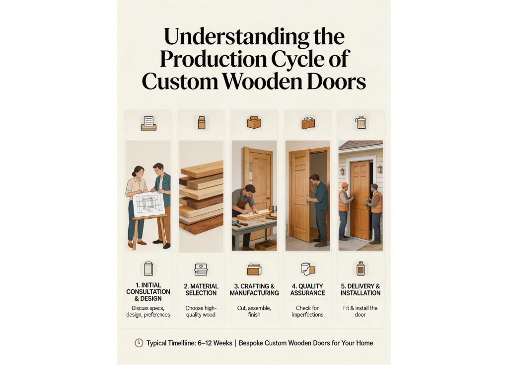 How long does the production cycle typically take for custom wooden doors?
