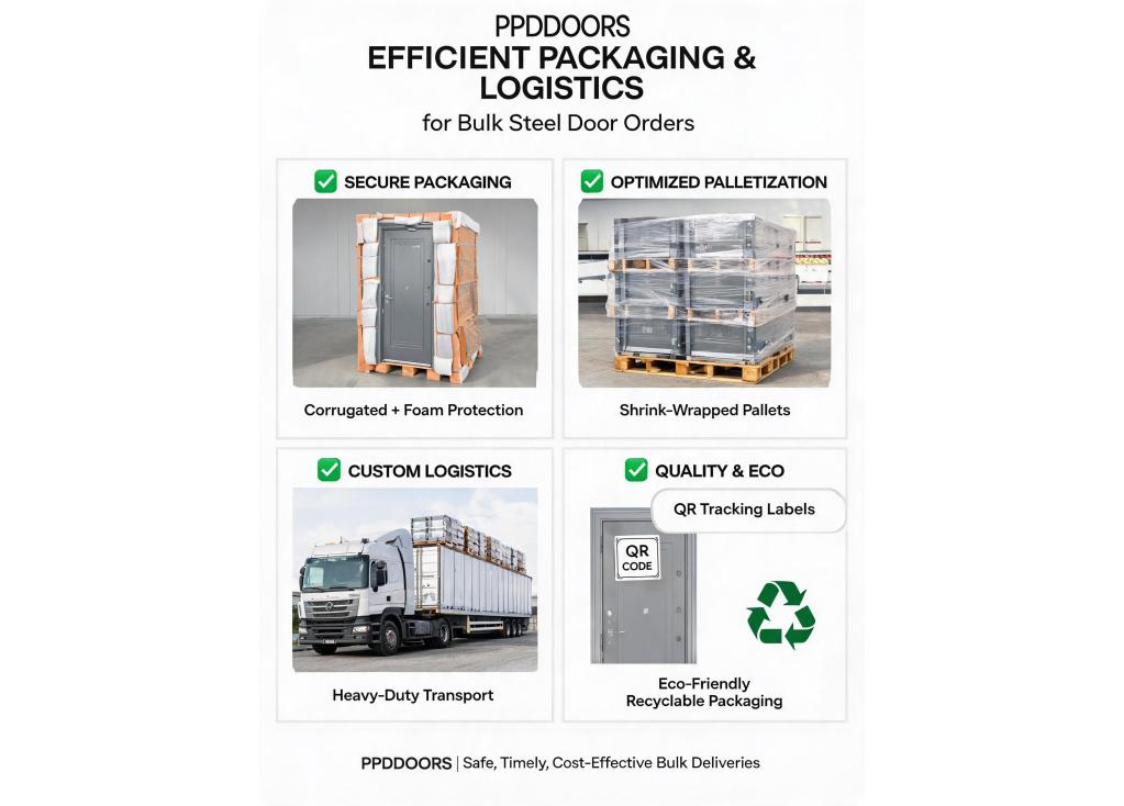 How do manufacturers typically handle packaging and logistics for large volume orders of steel doors?