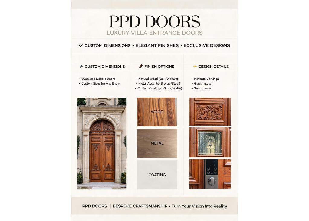 What are the possibilities for customizing dimensions, finishes, and designs for luxury villa entrance doors?