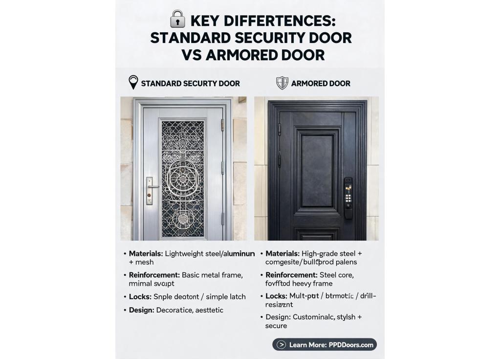 What are the key differences between standard security doors and armored doors in terms of construction?
