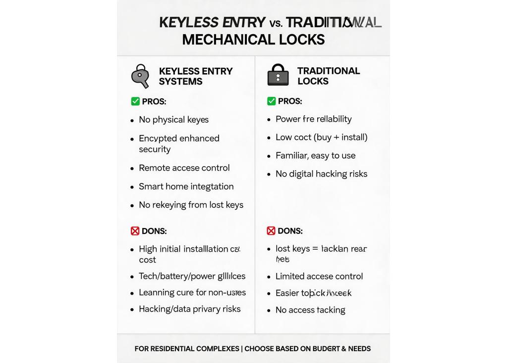 What are the pros and cons of keyless entry systems versus traditional mechanical locks for residential complexes?