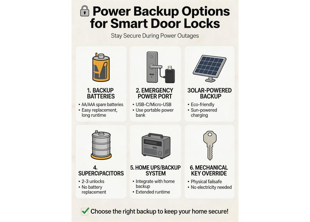 What are the power backup options for smart door locks during outages?