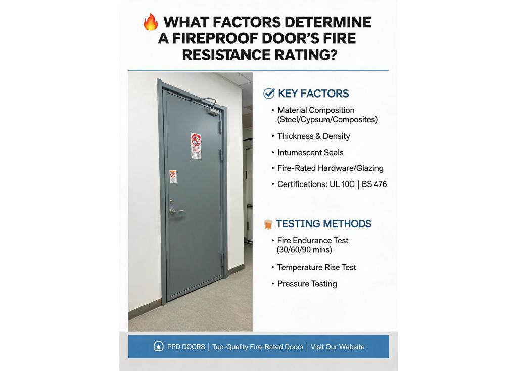 What factors determine the fire resistance rating of a fireproof door, and how is it tested?