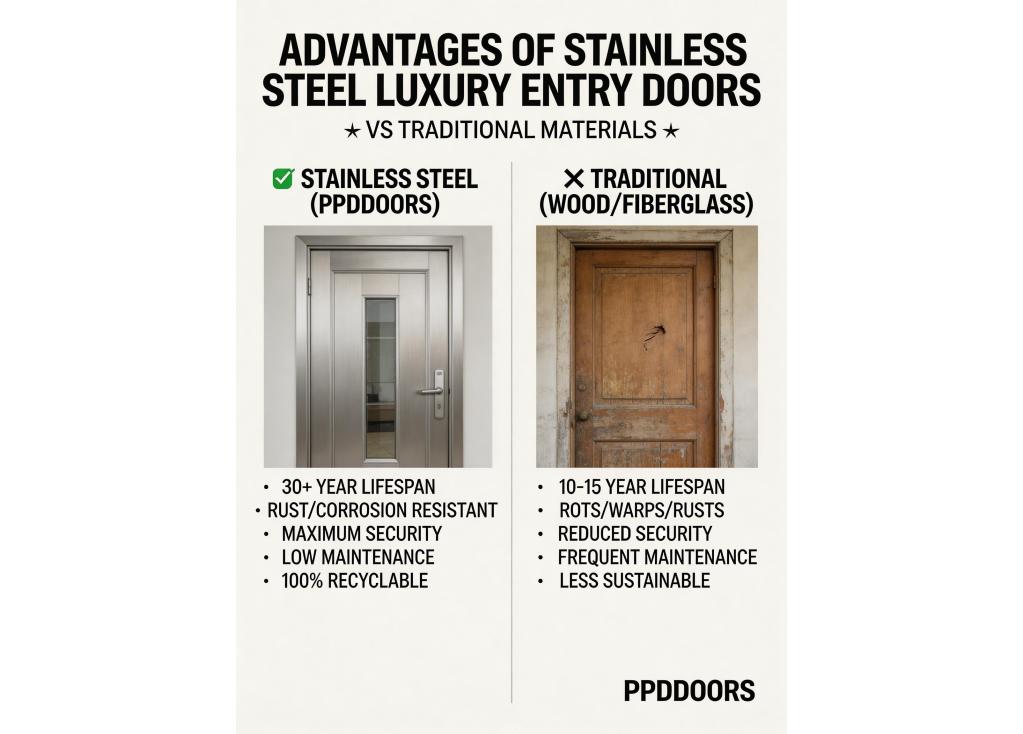 What are the advantages of stainless steel over traditional materials for luxury entry doors?