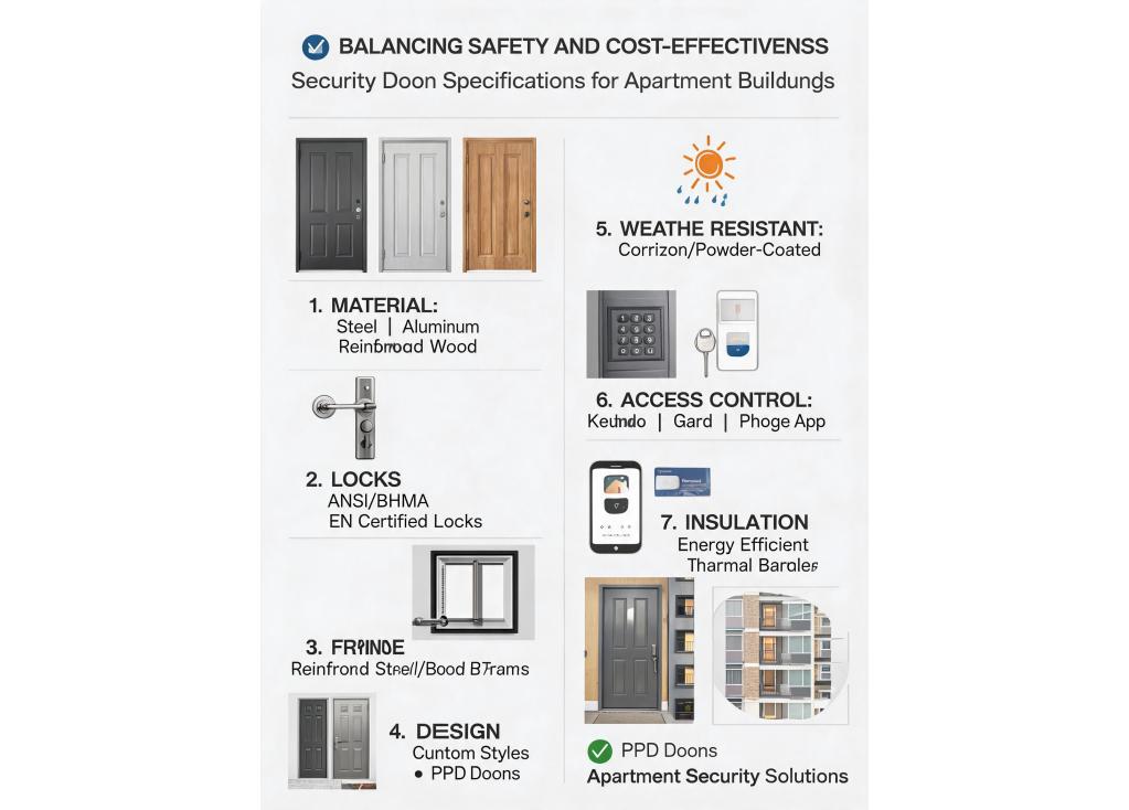 For apartment buildings, what security door specifications balance safety with cost-effectiveness?