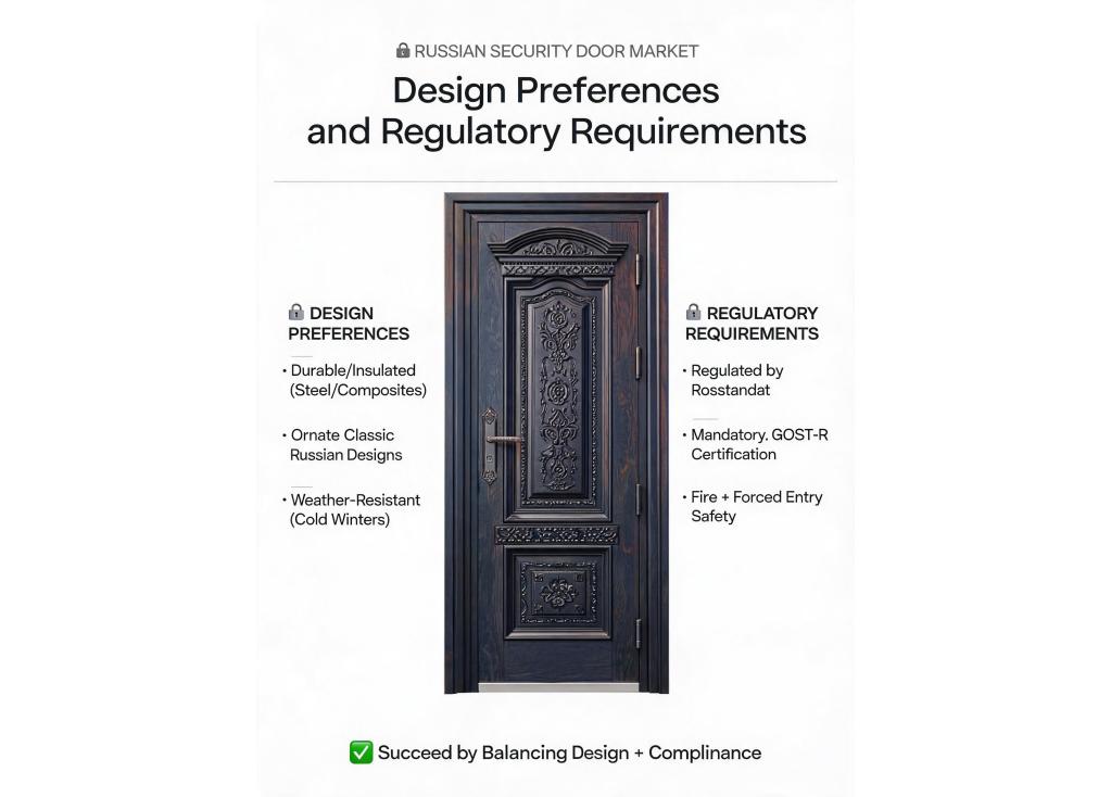 For the Russian or similar markets, are there specific design preferences or regulatory requirements for security doors?