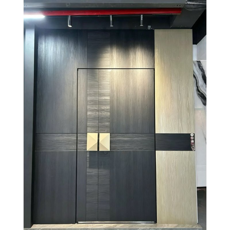 Modern Wood Grain Steel Exterior Security Villa Door With Smart Fingerprint Lock