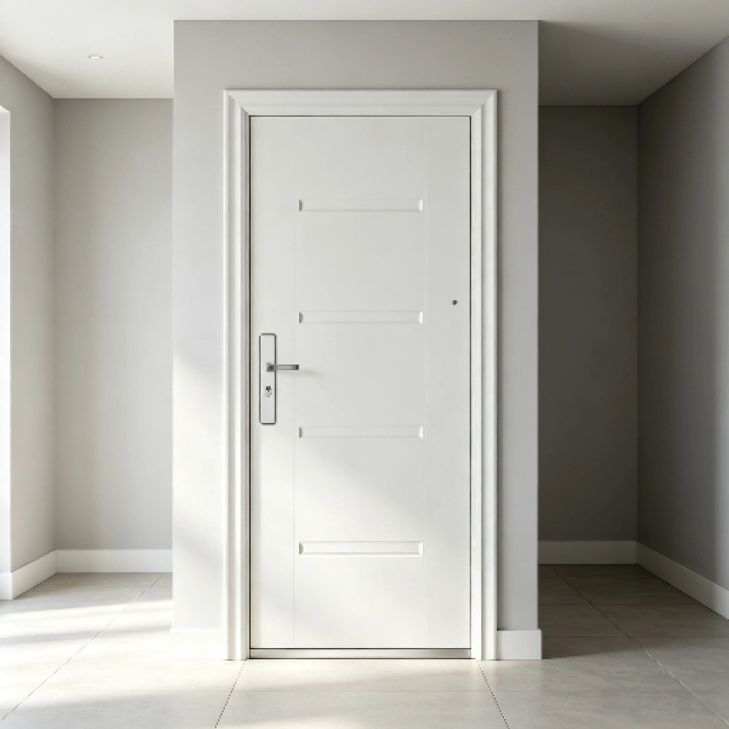 White Steel Door with Clean Flush Panel Surface Minimalist Style Modern Hardware for Residential Projects