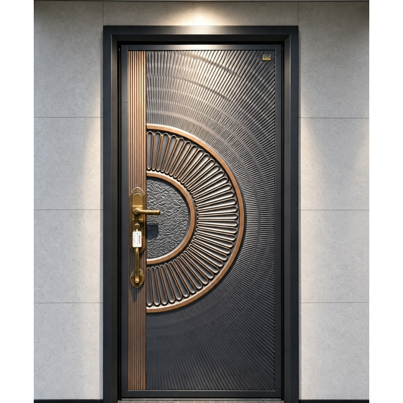 Cast Aluminum Exterior Door, Modern Luxury Villa Exterior Security Door with Carved Sunburst Pattern