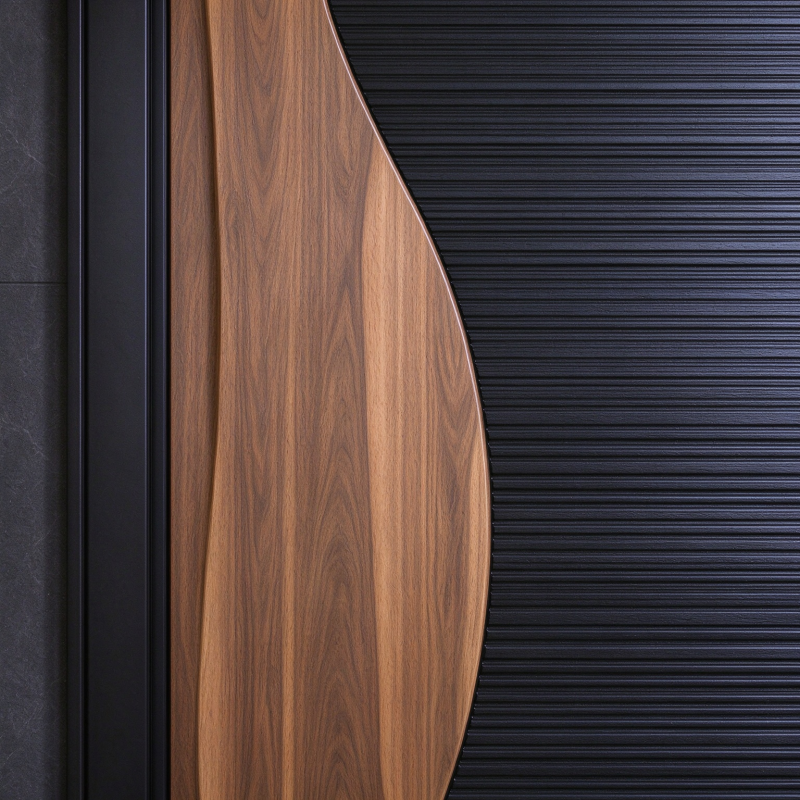 Russia Door Black Ribbed Steel Door with Wavy Light Timber Pattern for House Front Entry