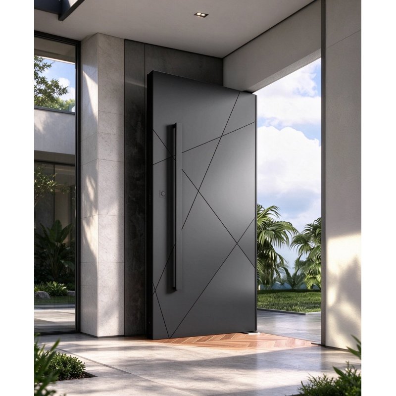 Modern Minimalist Pivot Exterior Steel Door with Geometric Line Pattern for Villa Entrance