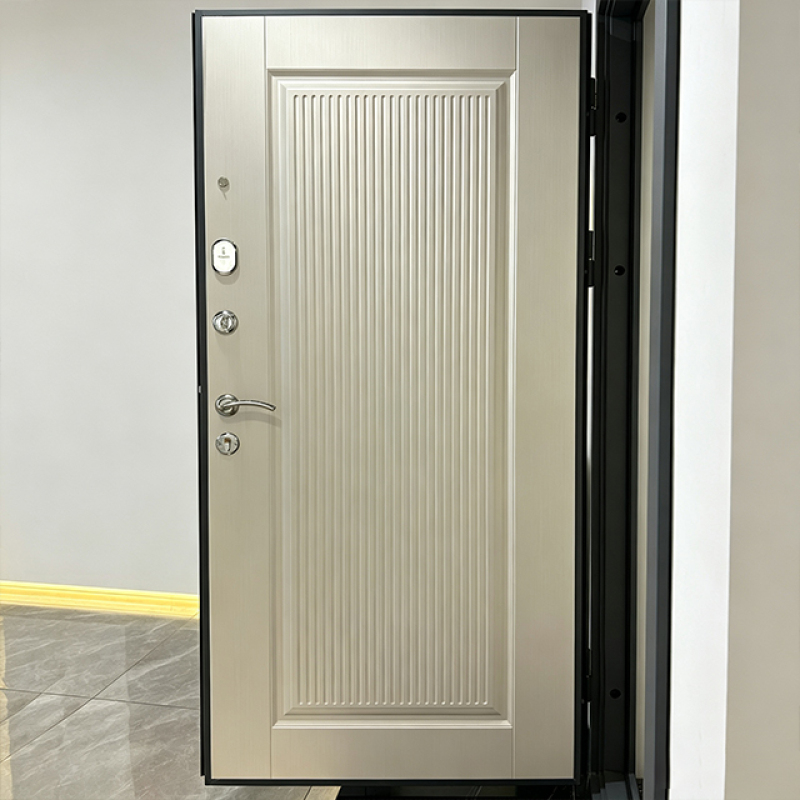 Russia Door Black Ribbed Steel Door with Wavy Light Timber Pattern for House Front Entry