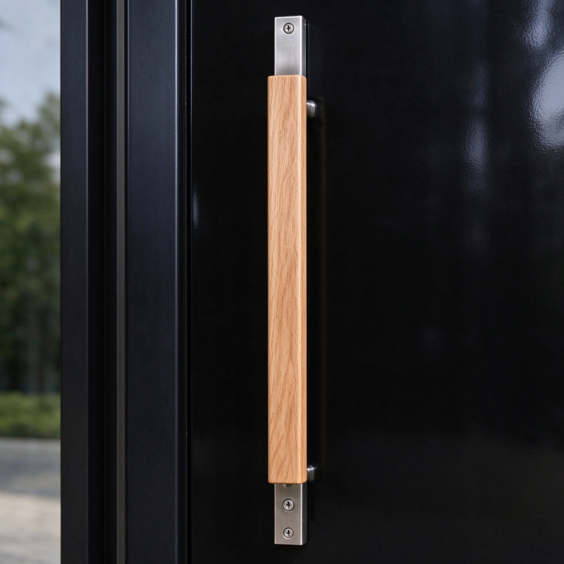 Russia Door Glossy Black Steel Door with Vertical Wood Slat Pattern for Villa Entrance