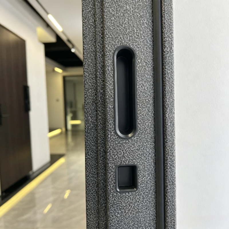 Russia Style Wood Grain Exterior Door, Modern Villa Outside Security Door with Geometric Metal Lines