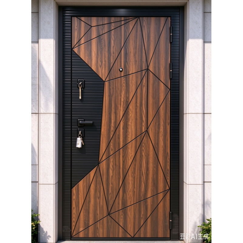 Russia Style Wood Grain Exterior Door, Modern Villa Outside Security Door with Geometric Metal Lines