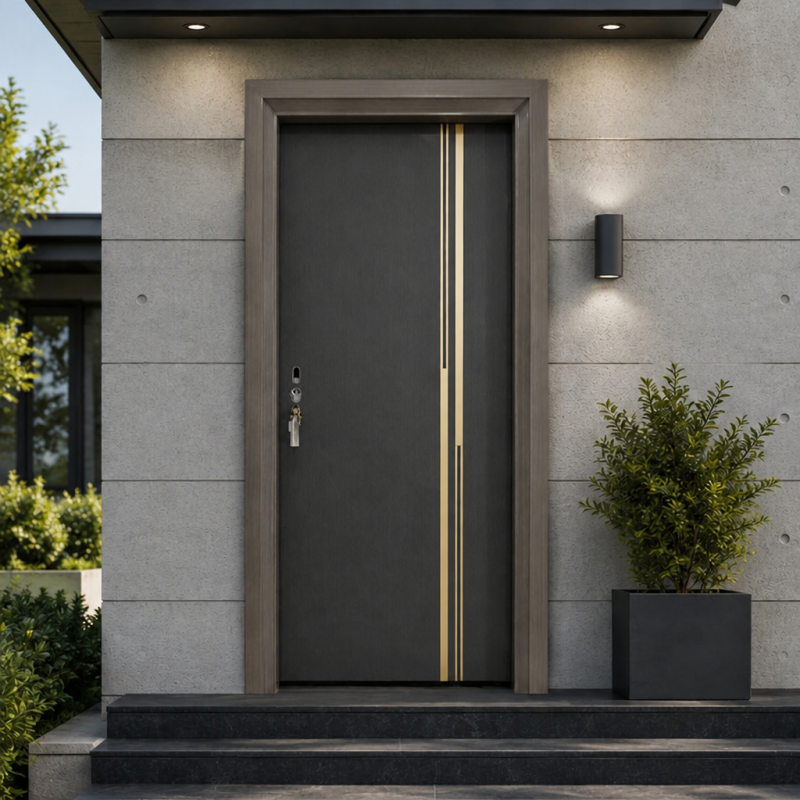 Security Door Modern Black Wood Grain Steel Entry Door Customized for Villa Residential Home