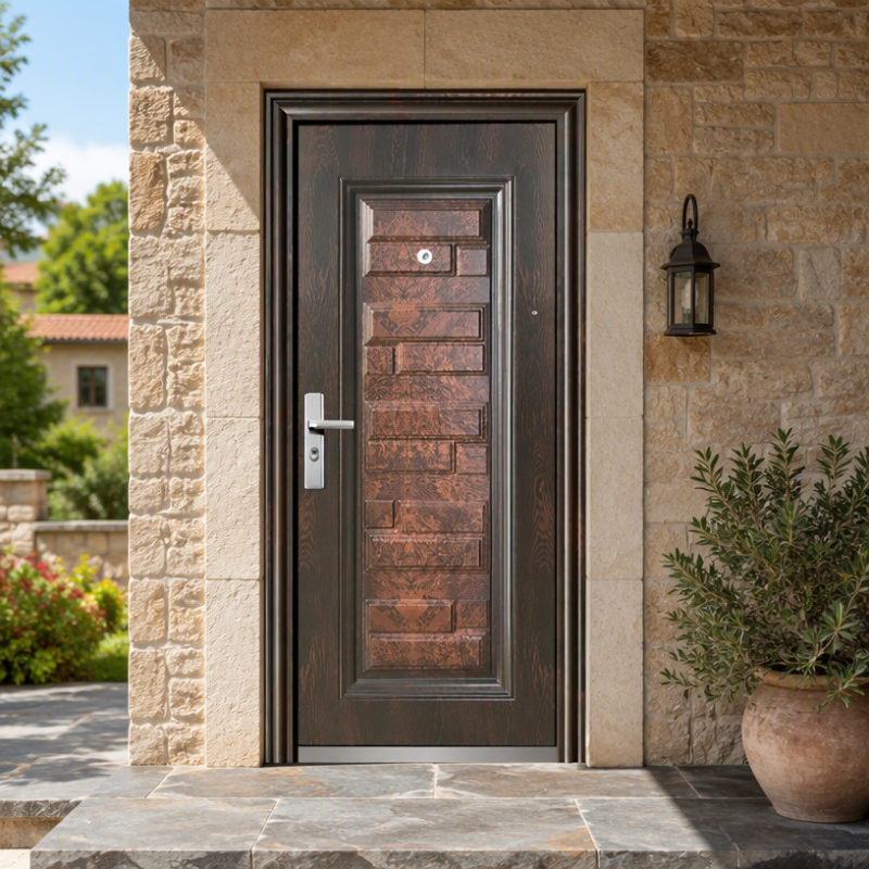 Wood Grain Steel Security Door, Stepped Block Relief Panel Rustic Villa Exterior Front Entry Door