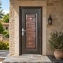 Wood Grain Steel Security Door, Stepped Block Relief Panel Rustic Villa Exterior Front Entry Door