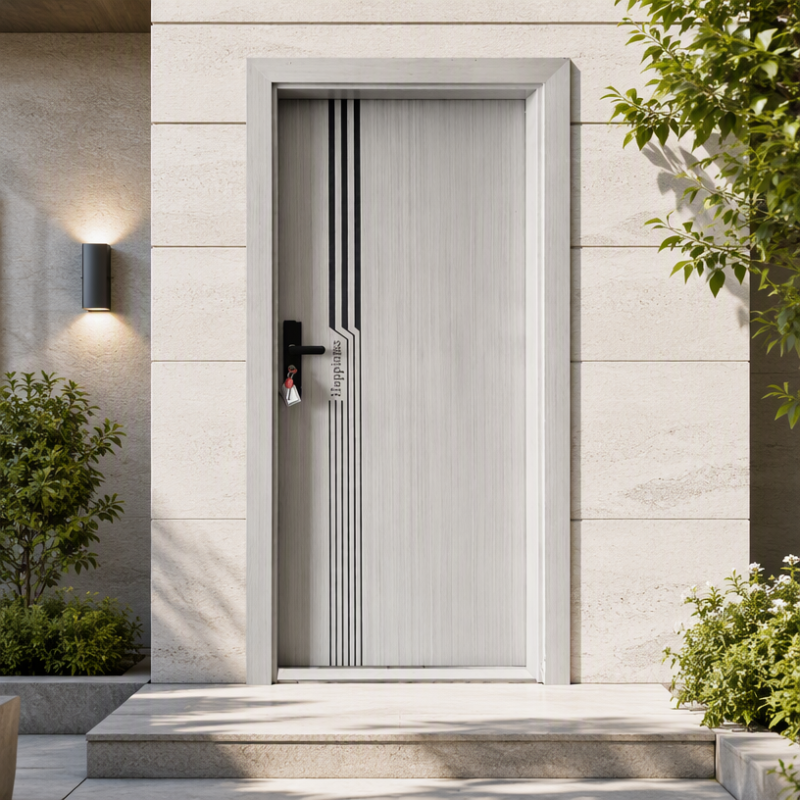 White Oak Wood Grain Exterior Front Entry Steel Security Door with Black Linear Accents for Villas